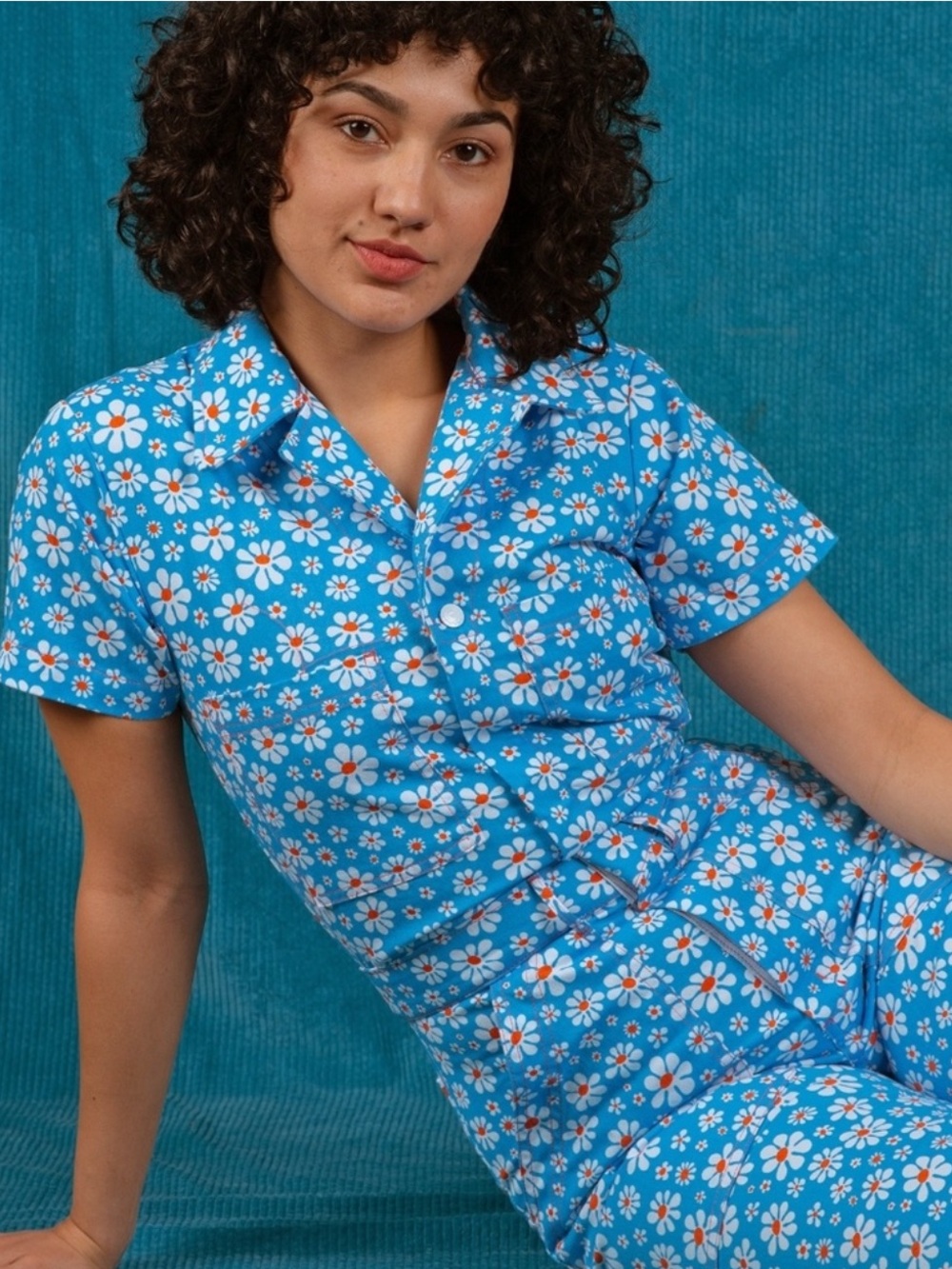 Big Bud Press Lazy Daisy Short Sleeve Jumpsuit in Blue